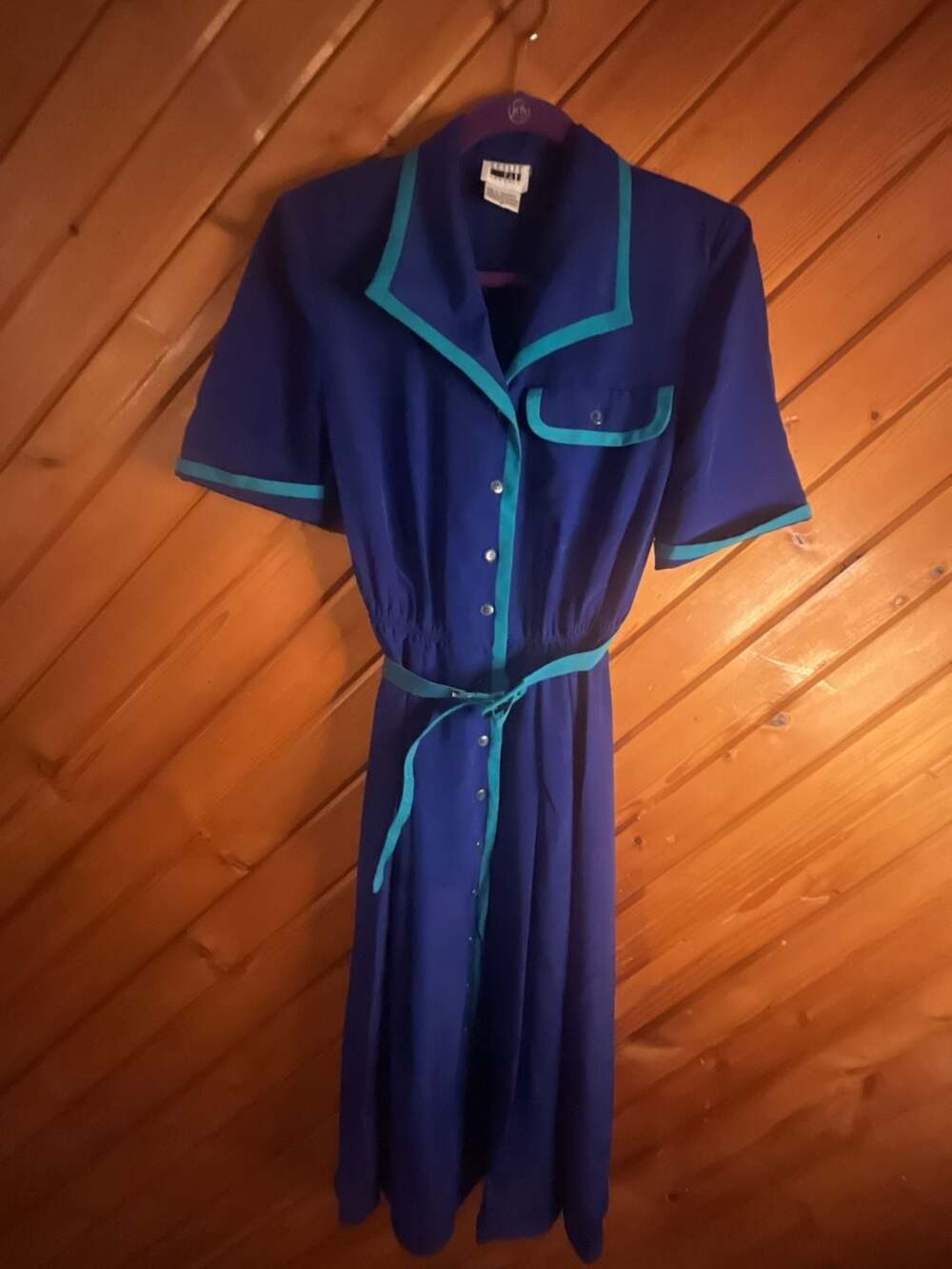 Vintage Leslie Fay Dress Royal Blue/Teal Colorblock Button-Front Midi Dress